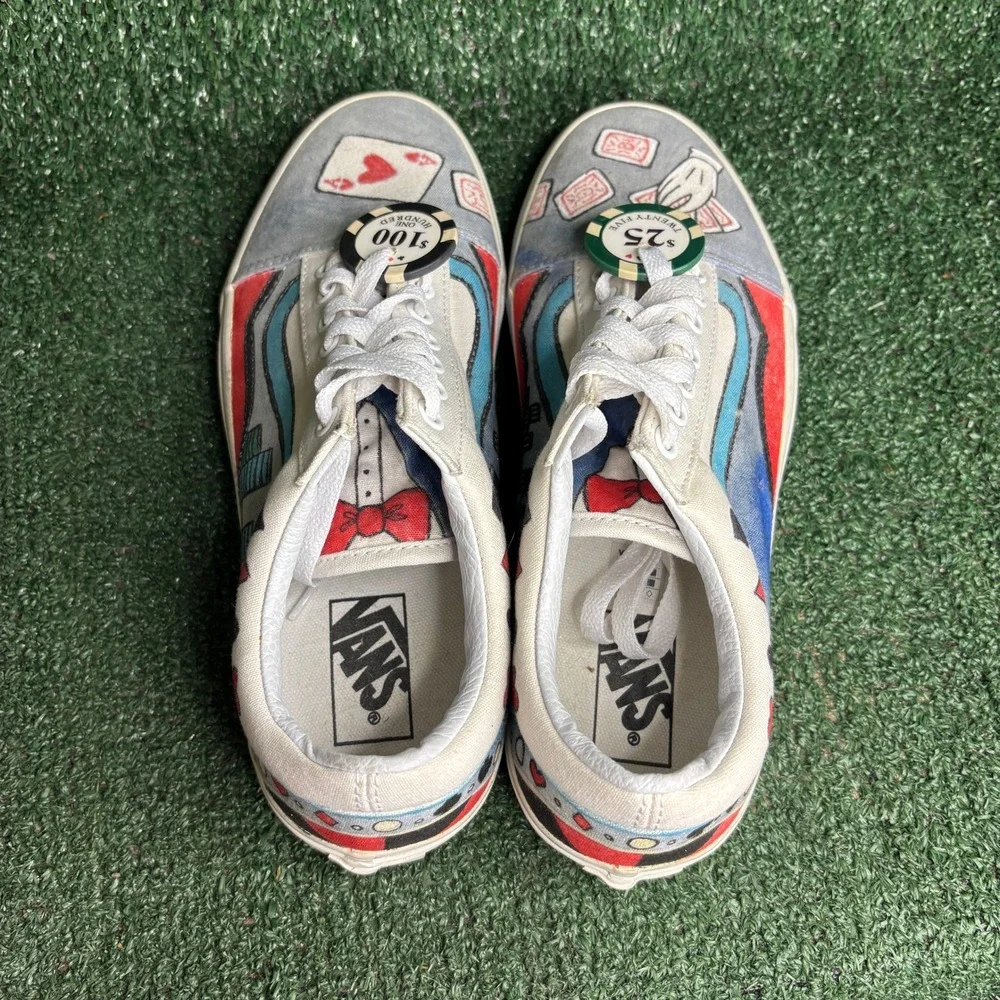 NEW Vans Old Skool Custom Hand-Painted Gambling Sneakers White Men 9 Womens 10.5